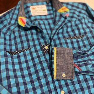 Robert Graham Flip Cuff Blue Plaid Rainbow Button Up Embroidered Long Sleeve
